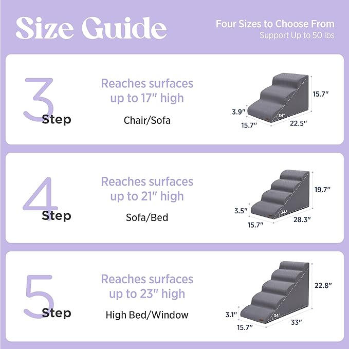 Lesure Dog Stairs for Small Dogs and Cats Pet Steps Ramp for Bed and Couch with CertiPUR-US Certified Foam with Non-Slip Bottom, Grey, 3 Steps