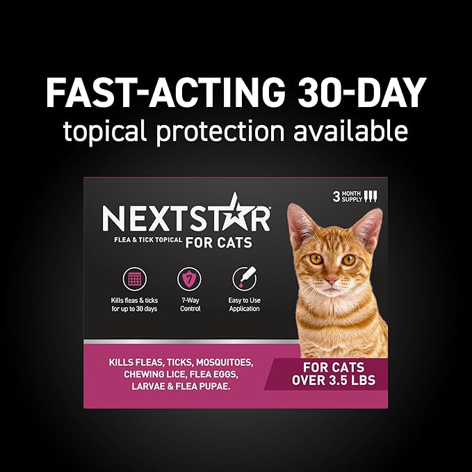 NEXTSTAR Flea and Tick Prevention for Cats, Repellent and Control, Fast Acting Waterproof Topical Drops, Flea Prevention for Cats Over 3.5 lbs, 3 Monthly Doses
