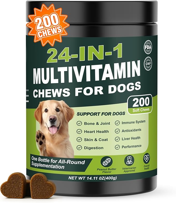 24-in-1 Dog Multivitamins Chewable, 200 Count Dog Vitamins and Supplements with Glucosamine Chondroitin Probiotics Omega-3 for Skin Coat Hip Joint Heart Liver Brain Eye Support - Peanut Butter