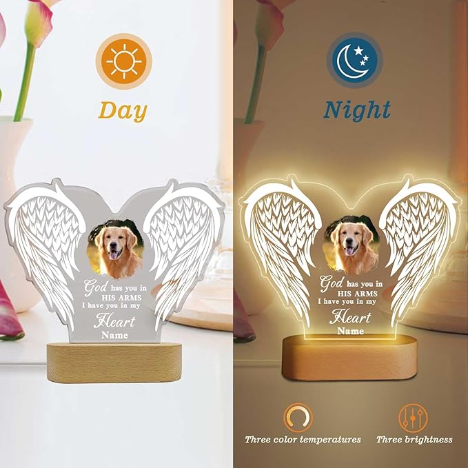 Custom Pet Memorial Night Light Gift Personalized Dog Cat Acrylic Plaque Photo Frame Sympathy Gift Condolence Gifts with Picture Name(Love Wings)