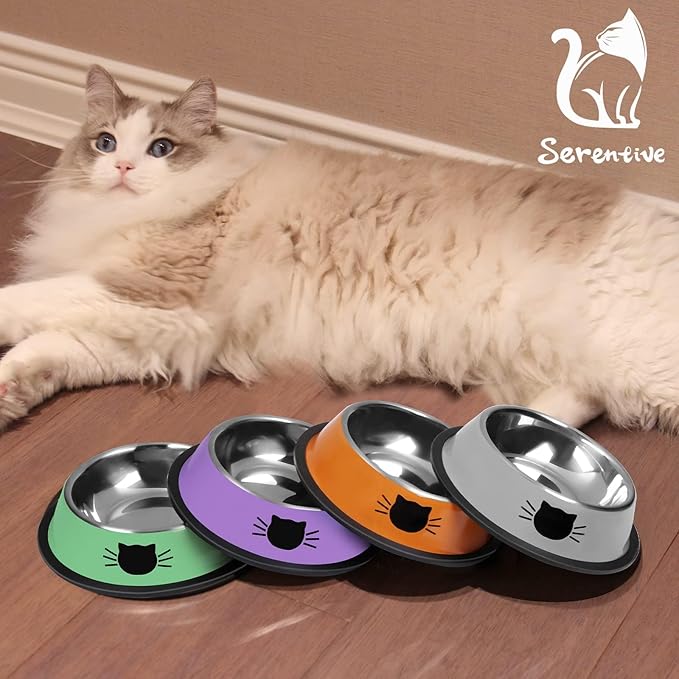 Serentive 3 Pcs Non-Slip Stainless Steel Small Cat Food Bowls - Unbreakable, Thicken 7 Oz Cat Dishes - Indoor, Removable Rubber Base, Easily Clean, Lovely Color