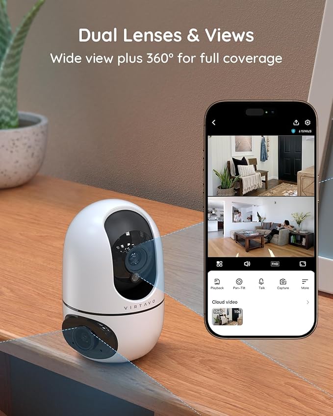 virtavo XD1 Indoor Pet & Baby Camera, No Subscription Required, Dual-Lens 360° PTZ, Motion Tracking, 2-Way Audio, Night Vision, Cloud/SD Storage, Phone App, WiFi, 2-Pack, Power Adapter Included