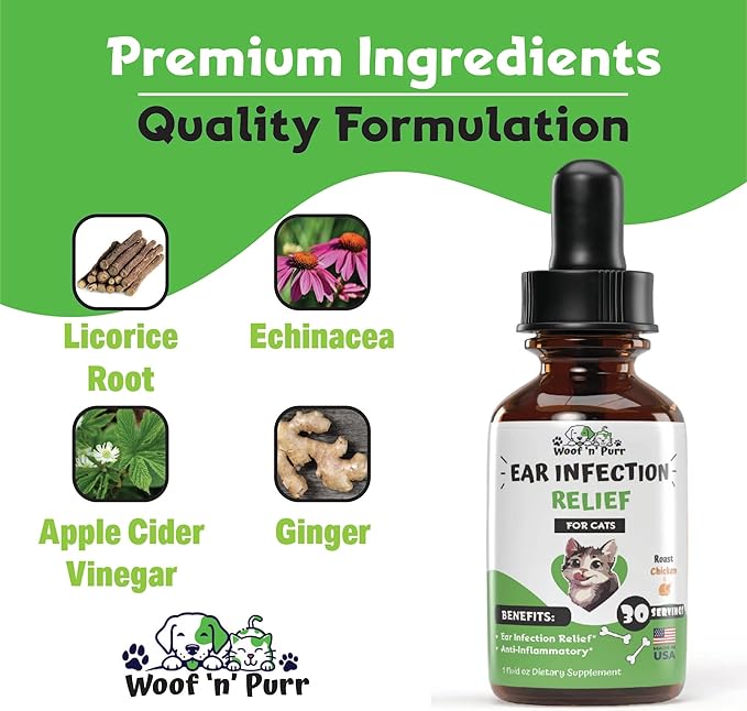 Natural Cat Ear Infection Treatment - Ear Infection Treatment for Cats - for Oral Use - May Help to Reduce Redness, Irritation, Itching & Much More - Cat Immune Support - 1 fl oz - Chicken Flavor