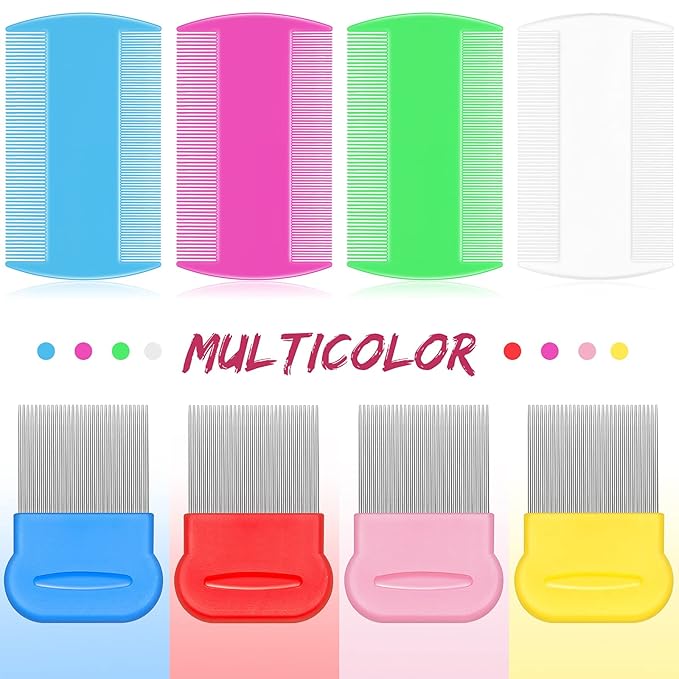 Maitys 8 Pieces Flea Lice Combs Double Sided Lice Cats Dogs and Nit Removal Hair Grooming Plastic and Metal Comb, Head Hair Comb for Pets and Humans(4 x 2 Inches, 2.24 x 2.24 Inches,Novel)