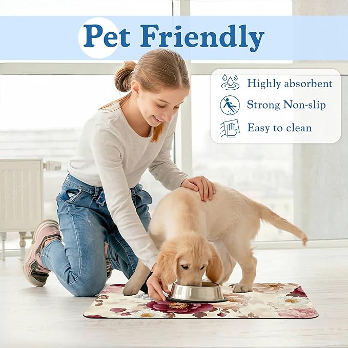 Vintage Floral Rose Pet Feeding Mat–Christmas Stocking Quick Dry Absorbent Dog Cat Food Mat, Non Slip Waterproof Bowl Placemat for Messy Eaters, Pet Accessories for Floors 16"x24"