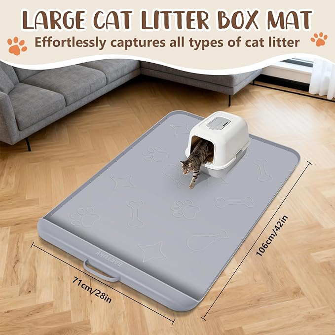 Silicone Cat Litter Mat with Collection Pocket, 42" x 28" Large Cat Litter Box Mat Waterproof Anti-Slip Litter Trapping Mat with Edge and Handle Pet Placemat for Floors (Light Grey)