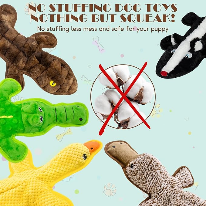 No Stuffing Dog Squeak Toys, 5 Pack Chew Toys with Crinkle to Keep Them Busy, Plush Puppy Teething Toys for Indoor & Outdoor Play, Best Birthday Gift for Large Breed