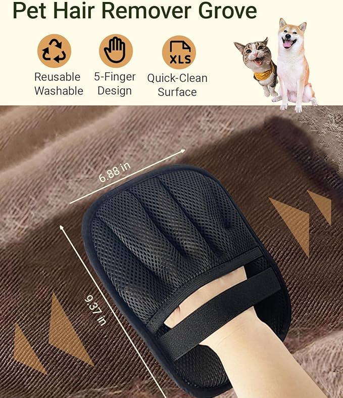 Reusable Pet Hair Remover Glove for Couch & Bedding - 5-Finger Versatile Fabric - Safe Fur Remover Mitt, Black - Professional Cat & Dog Hair Scraper for Carpeted Stairs, Clothes,Car Seats