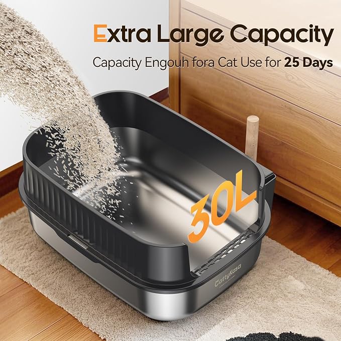 Stainless Steel Litter Box XL Extra Large Enclosed Cat Litter Boxes with Lid for Big Cats Metal Litter Pan High Sided Splash Proof, Anti-Urine Leakage, Easy Clean, Non-Stick, Includes Scoop (Grey)