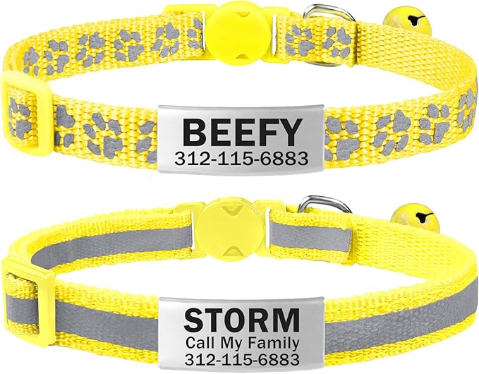 TagME 2 Pack Cat Collar with Name Tag, Personalized Reflective Cat Collar Breakaway with Bell for Boy & Girl Cats, Yellow