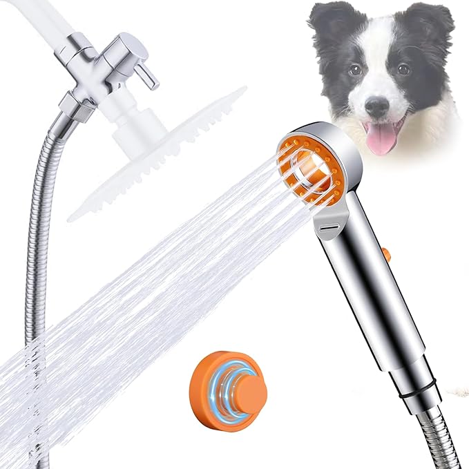 Dog Shower Attachment, 3 Mode Handheld Sprayer with ON/OFF Switch, G1/2" Metal Diverter, 100 Inches Stainless Steel Hose, No Drill Holder, for Pet and Dog Washing in Bathroom