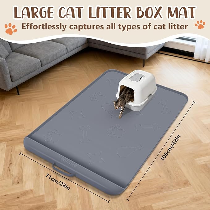 Silicone Cat Litter Mat with Collection Pocket, 42" x 28" Large Cat Litter Box Mat Waterproof Anti-Slip Litter Trapping Mat with Edge and Handle Pet Placemat for Floors (Dark Grey)