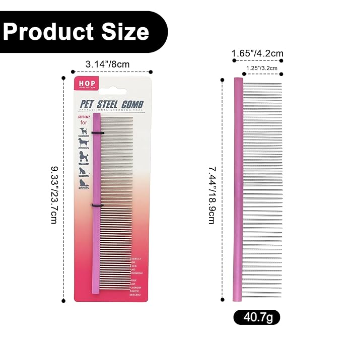 Large Purple Pet 2-in-1 Metal Comb Fine&Wide Tooth Comb Dematting Grooming Tool Pet Flea Comb for Dogs and Cats Remove Loose Hair Mats Knots Tangles Dirt Fleas
