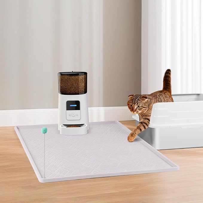 Large Cat Litter Mat with Toy Ball, 34'' x 22'' Silicone Cat Litter Trapping Mat for Scatter Control, Soft on Kitty Paws, Easy to Clean (White)