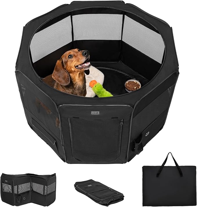 PETSFIT Portable Dog Playpen,36" Dog Play Pen Indoors with Removable Waterproof Mat & Zippered Roof | RV, Camping, Travel Dog Pen | Whelping & Cat Observation Space(36" L x 36" W x 21" H)