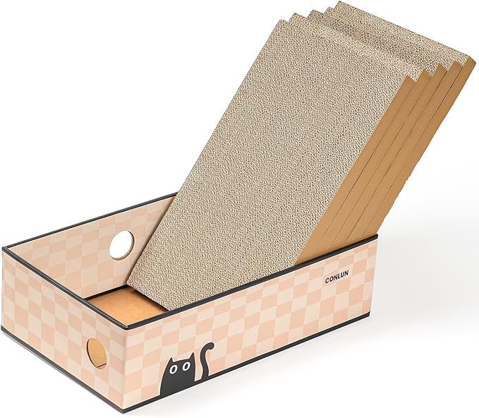 Conlun Cat Scratcher Box with Heavy-Duty Double-Sided Cardboard Pad, Cardboard Lounger, Interactive Hole Design, Cat Bed for Indoor Cats, Checkered,Large - 5 Pack