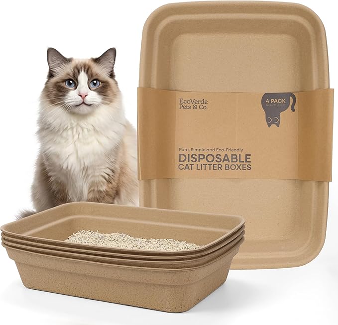 EcoVerde Pets & Co. Disposable Cat Litter Boxes 4-Pack, Large 18.1” x 13.2” x 3.9”, Leak-Resistant Recycled Paper Tray for Indoor or Travel Use
