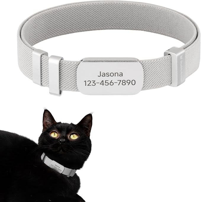 Engraved Pet ID Tag - Personalized Name Tag Engraved Cat Collar Charms, Aluminum Alloy Customized Cat Name Tag for Kitten Small Large Cats (Horizon-Glacier Silver M)