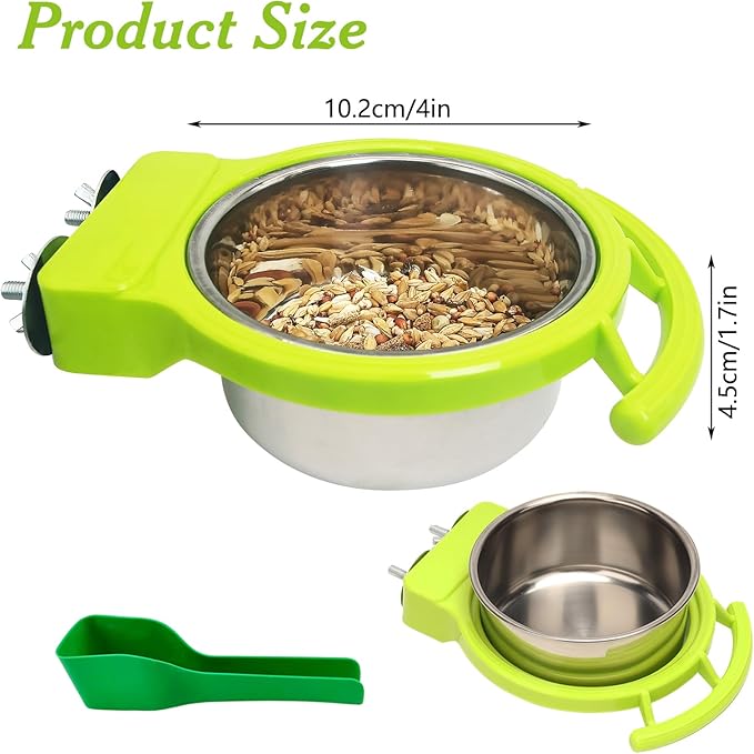 BNOSDM Hanging Stainless Steel Bird Bowls 4 PCS Bird Feeding Dish Cups with Perch Stand Birds Food Container Food and Water Bowls with Spoon for Budgie Cockatoo Finch Lovebirds Pigeons (Green)