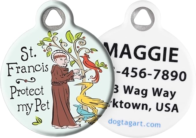 Dog Tag Art St. Francis Protect My Pet Religious Pet ID Tag for Dogs and Cats, Silent Polymer Coated Stainless Steel Nametag with Customized Identification Information - Large 1.25" Diameter