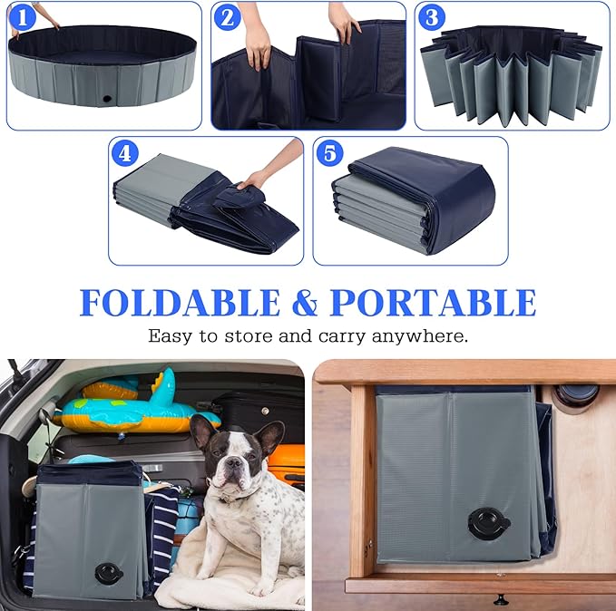 Foldable Dog Pool, Portable Pet Bath Tub and Kiddie Swimming Pool, Collapsible Bathtub for Puppies, Small, Medium and Large Dogs, Cats and Kids, 32 x 8 in, Gray