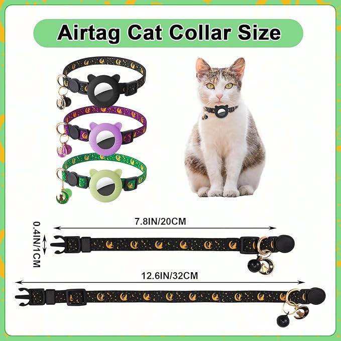 3 Pack Airtag Cat Collars Breakaway Moons Stars Cat Collars with Air Tag Holder and Bells Adjustable Safety Kitten Collars for Girl Boy Cats
