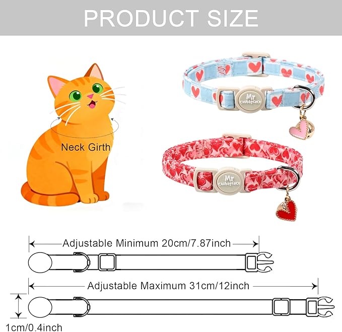 Valentine 2 Pack Cat Collar, Cute Soft Breakaway Kitty Collar with Bell&Pendent, Cotton Valentines' Heart Pattern Collar with Safety Buckle for Girl Cats