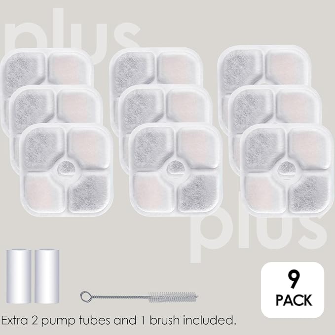9-Pack Cat Water Fountain Filter Compatible With Catit Pixi Water Fountain Filter Replacement Triple Action Water Filter, 2 Pump Tubes 1 Hard Brush