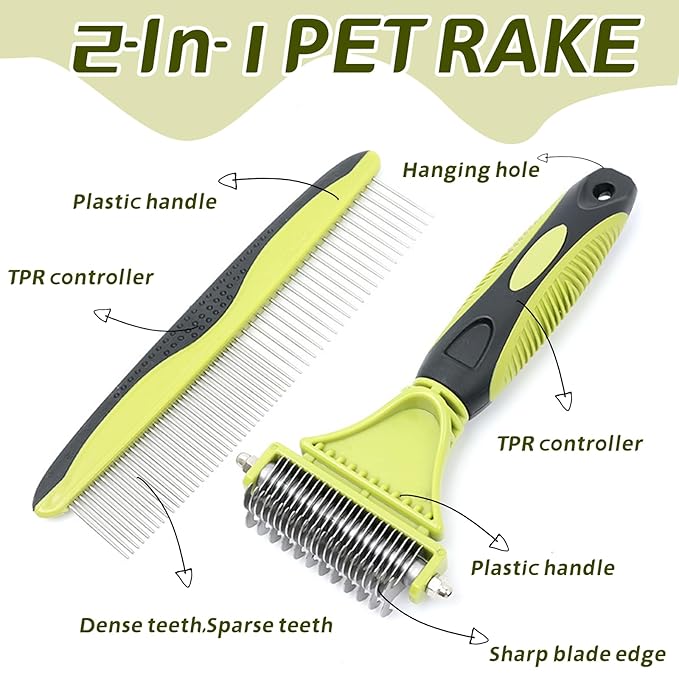 2-in-1 Dog Grooming Brush for Shedding & Dematting Comb for Dogs and Cats, Double Coat Undercoat Rake & Slicker Brush Pet Grooming Tool (Green)