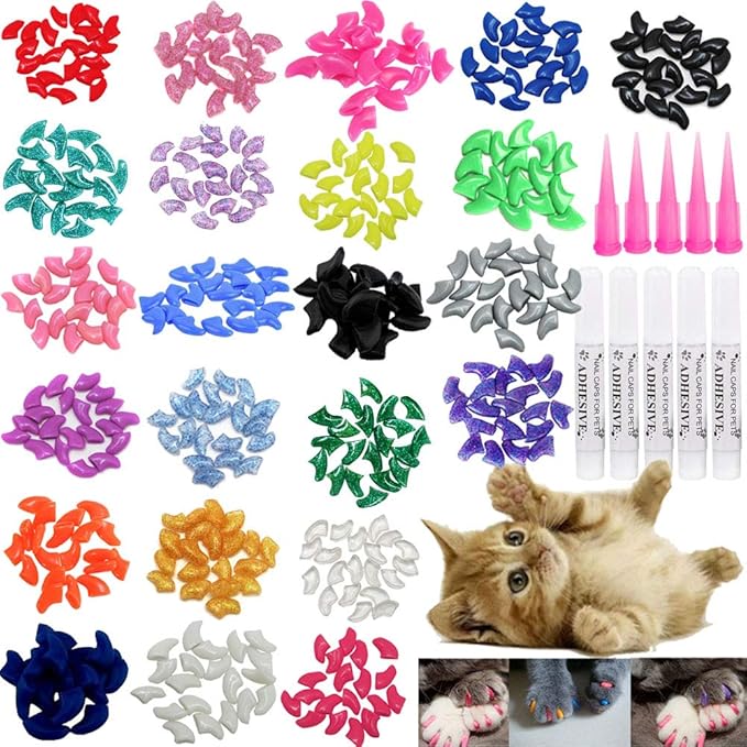 VICTHY Cat Nail Caps and Covers with Glue and Applicators - 100 Pieces in 5 Colors for Extra Small/Kitten Sizes