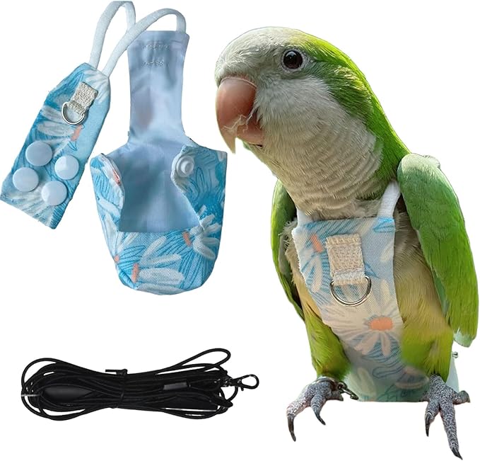 Snap-Closure Parrot Diapers with Adjustable Leash - Washable Bird Flight Suits for Cockatiels, Sun Conures & Quaker Parrots Secure & Chew-Resistant (S – Peachfaced Lovebird + 1m Rope)