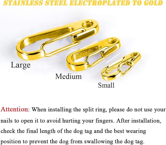 Dog Tag Clips / 2 Pack/Multiple Size 304 Stainless Steel Quick Clip with Rings/Easy Change Dog Cat ID Tag Holder for Small pet Collars and Harnesses.(2 Large Gold)