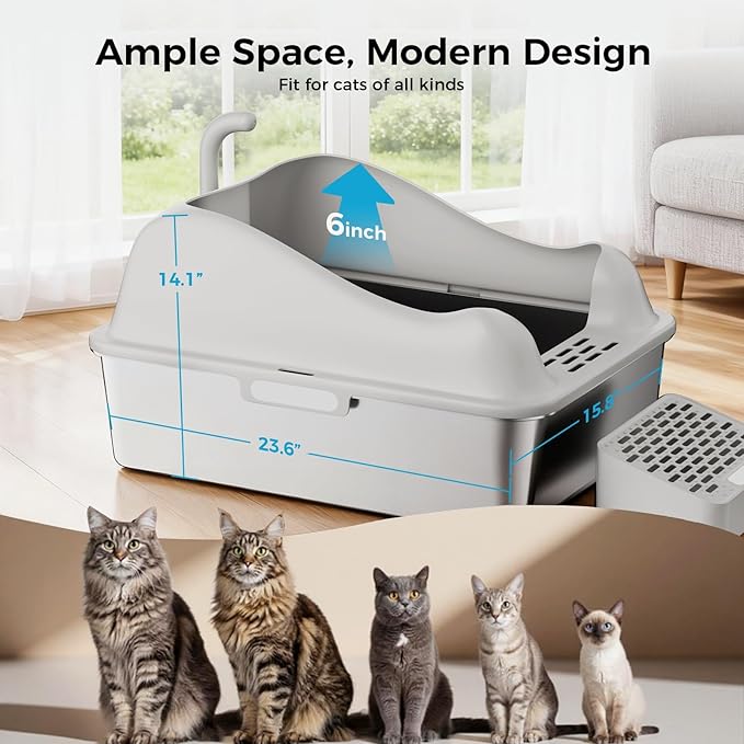 GTPLAYER XL Stainless Steel Cat Litter Box for Big & Multiple Cats, Easy Clean Odor-Resistant Design, High Sided Leak-Proof Litter Box with Mat & Scoop – Dark Grey