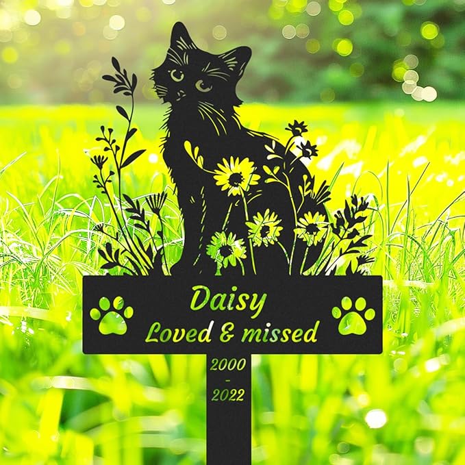 Personalized Flowers Cat Memorial Stake Grave Marker, Custom Pet Cat Memorial Grave Marker Stake with Paws, Customized Cat Garden Stake Memorial Metal Sign Remembrance Yard Burial Stake