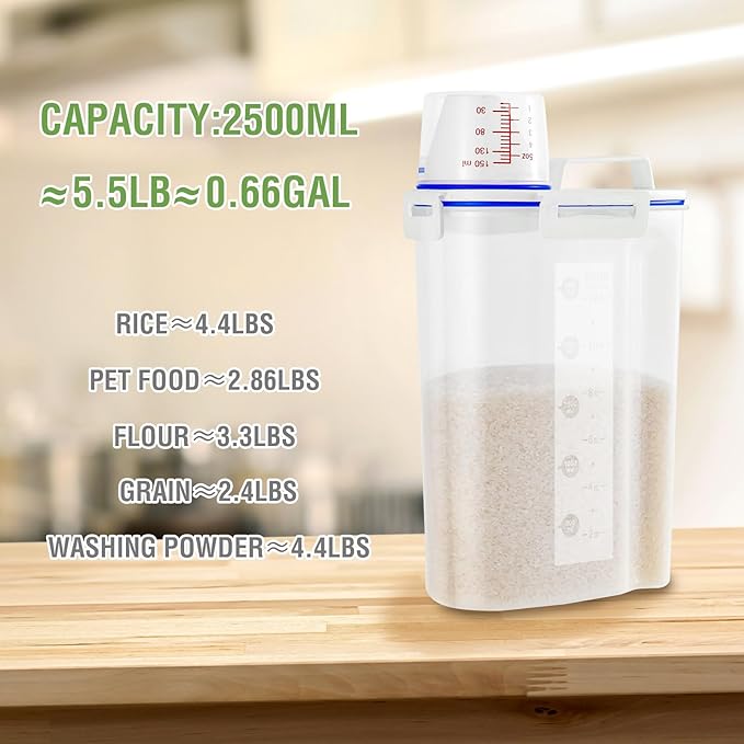 6 Pcs Set Rice Storage Container, Flour Dispenser with Pouring Spout & Measuring Cup, Kitchen Plastic Dry Food Storage Bin for Grain Oatmeal Snacks Pet Dog Food