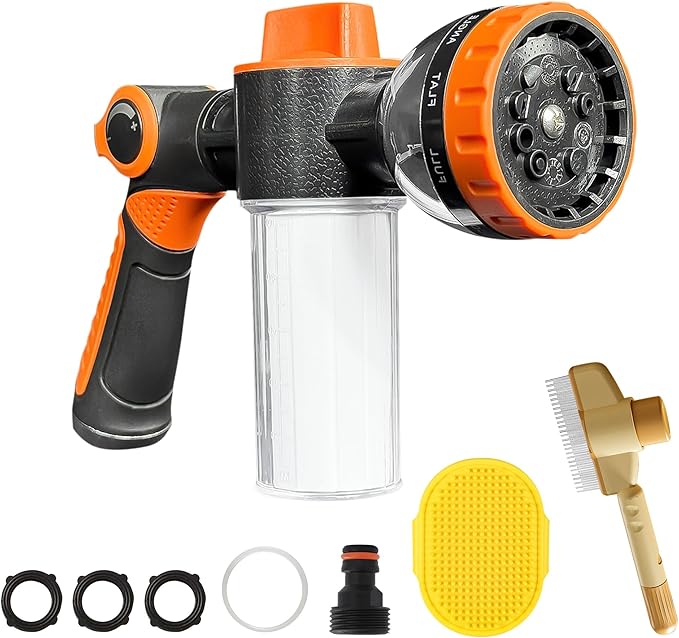 Dog Washing Hose Attachment, 10-in-1 Soap Sprayer Moden Garden Hose Nozzle with 100cc Soap Dispenser, Dog Wash Supplies with Dog Bath Brush & Pet Comb, Foam Gun Car Wash Sprayer (Orange)