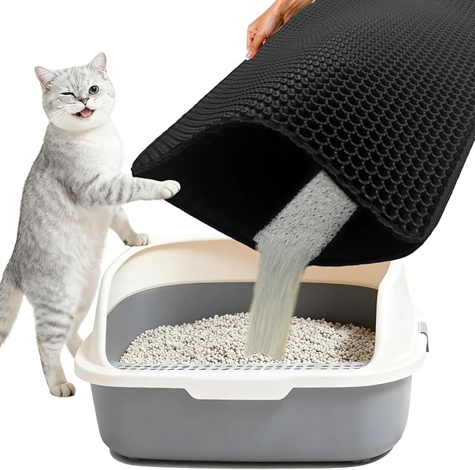 Cat Litter Box Mat Double Layer Trapping Mat Easy-Clean Waterproof Urine Proof(Black 35x24in)