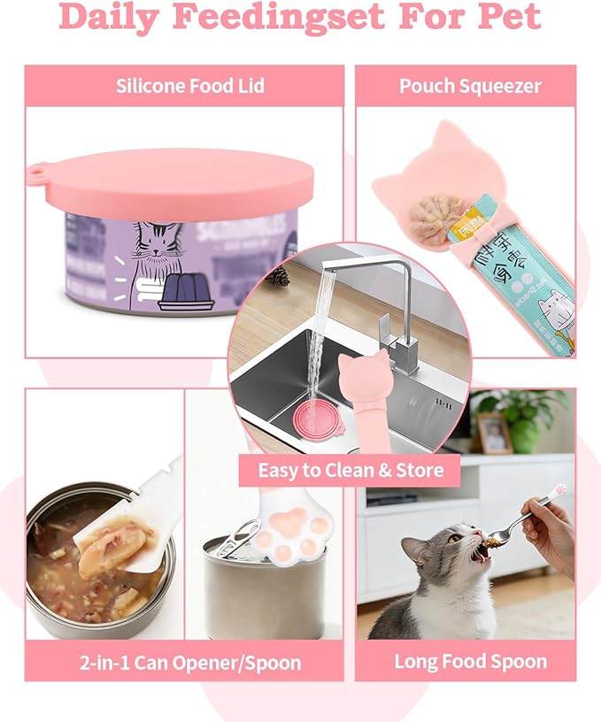 6 PCS Cat Food Can Covers Set, Reusable Silicone Can Lids with Opener, Stainless Steel Wet Food Spoon & Cat Treat Squeezer for Pet Feeding and Storage, Fits Cats & Dogs (Pink)