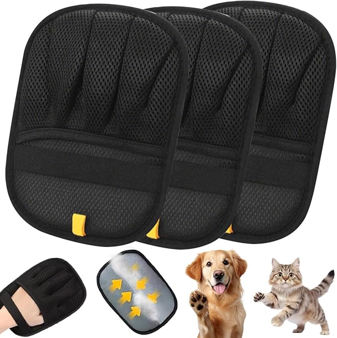 Electrostatic Pet Hair Removal Gloves for Cats & Dogs–Upgraded Reusable Magic Brush Tool for Quick Wiping on Couch, Carpet, Laundry, Car Seat & Pet Beds(3PC-Black