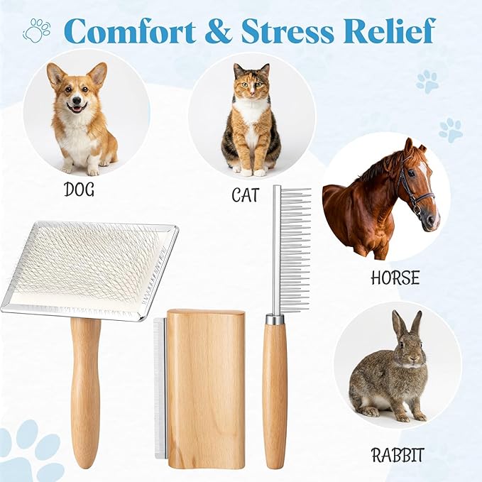 Dog Slicker Brush Set for Shedding Wooden Handle, Pet Deshedding Comb, Long and Short Bristle Comb, Grooming Pin Brush for Dogs Cats, Removes Loose Hair, Mats & Tangles, Grooming Tools Set