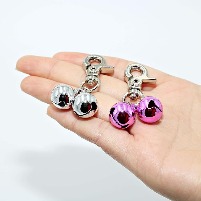 Bells for Dog Collars - 2 Pack Stainless Steel Bell Necklace for Dogs & Cat - Pet Pendant Accessories Training Collar Charm with Heavy Duty Snap Clips, Silver & Pink Christmas Gift