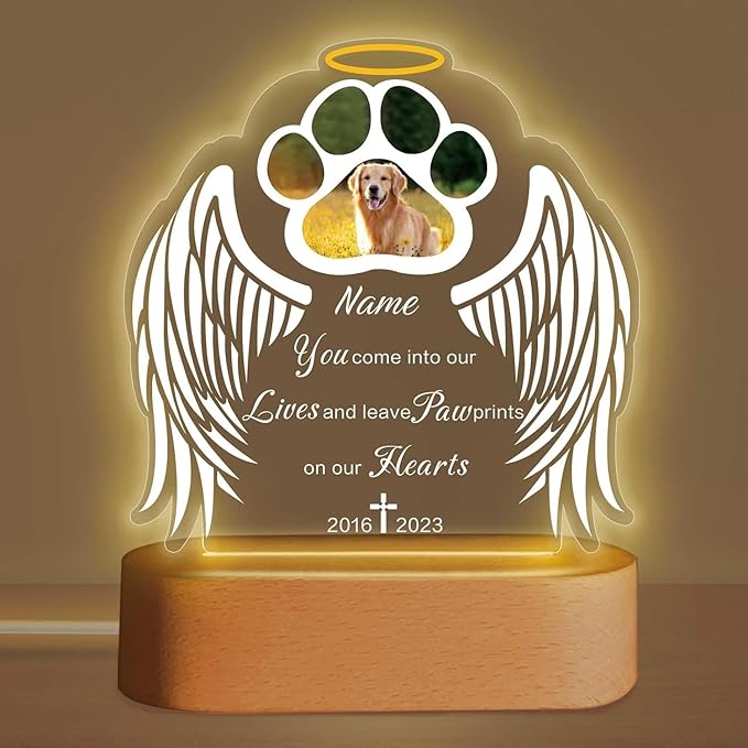 Custom Pet Memorial Night Light Gift Personalized Dog Cat Acrylic Plaque Photo Frame Sympathy Gift Condolence Gifts with Picture Name Date(Dog Paw Wing), 5.9x5.9in/7.8x7.8in