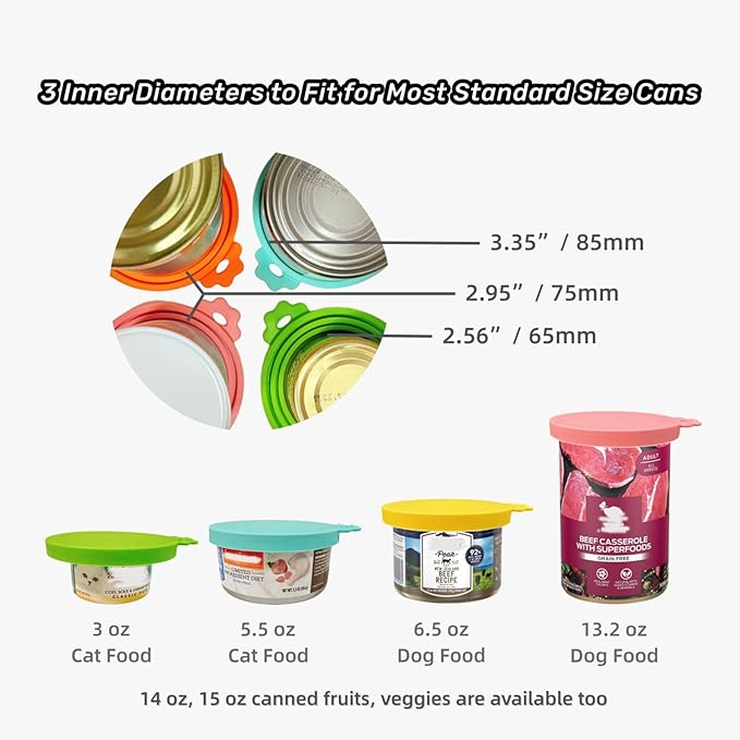 MoPawKT- Pet Food Can Covers Silicone Lids for 3-15 oz Cans, 3 Inner Diameters 2.6”/3”/3.4” Fit for Most Cat & Dog Food Cans/Tins, BPA Free, Reusable (set of 3 lids+1 spoon)