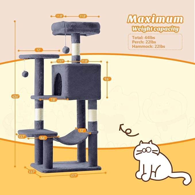 Sweetcrispy 44 inch Cat Tree Tower, Small Cat Climbing Tower with Condo, Natural Sisal Scratching Posts, Extended Platform, Hammock, Pet House for Indoor Cats and Kittens Play, Dark Grey