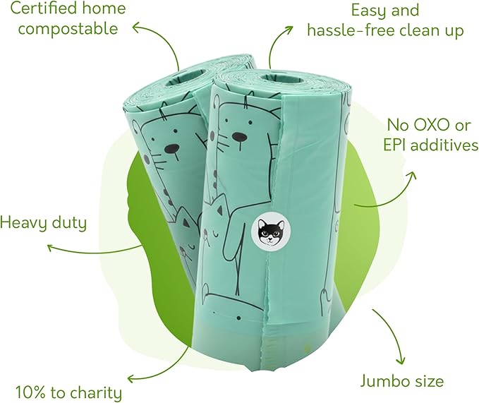 Home Compostable Cat Litter Box Liners, Jumbo XL 36” x 19” Drawstring - Extra Thick Heavy Duty Litter Box Bags, Tear Resistant & Leak-Proof Cat Liners for Easy Cleanup - Pack of 10