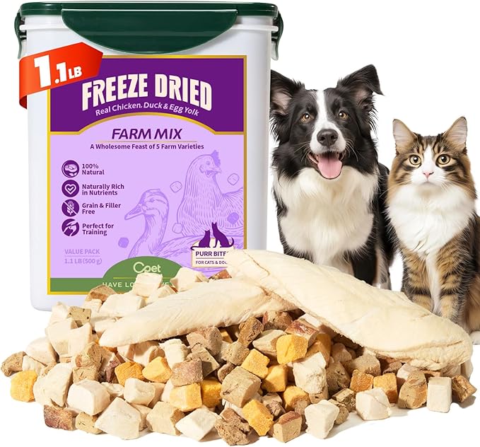 OPET Freeze Dried Treats for Dogs & Cats, High Protein, Bite-Sized, Freeze Dried Chicken Breast+Chicken Liver+Egg Yolk+Duck Breast 4 in 1 Addictive-Free Traning Snacks, Sealed Box(1.1Lb)