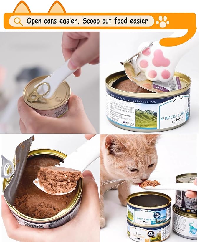 Joyinjojo Cat Food Can Lids with Cat Food Spoon, 4 Pack Small Silicone Pet Food Can Covers Lids for Cat Food Cans 3 oz, Multi-Functional Cat Spoon Can Opener Spatula for Canned Wet Food