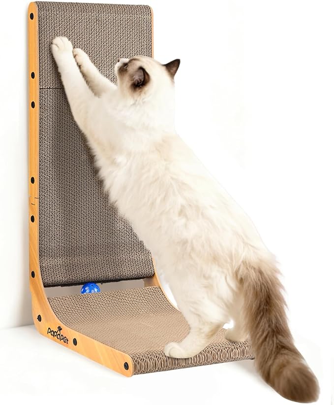PaPaPet Cat Scratcher, 26.8 Inch L Shape Cat Scratchers for Indoor Cats, Protecting Furniture Cat Scratch Pad, Cardboard Cat Scratching with Ball Toy