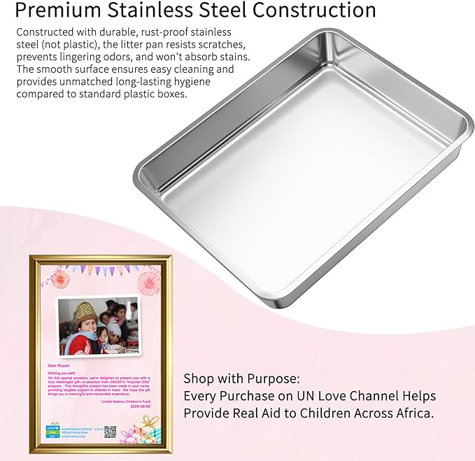 RIZZARI Stainless Steel Cat Box: Large Gray Enclosed Design Litter Pan - High-Edged & Teflon Coating - for Superior Odor Control & Easy-Clean Drawer - Ideal for Multi-Cat Homes Garage