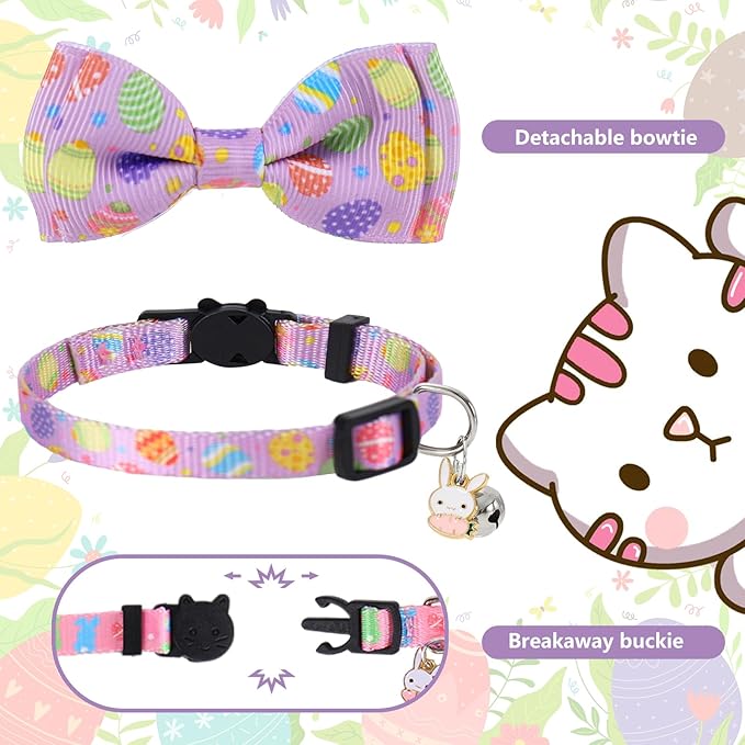 JarThenaAMCS 3 Pcs Easter Cat Collar with Breakaway Bell Bow Tie Rabbit Bunny Egg Adjustable Kitten Collars for Spring Girl Boy Cats Small Pet Party
